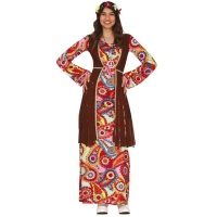 Déguisement hippie multicolore longue avec gilet pour femme