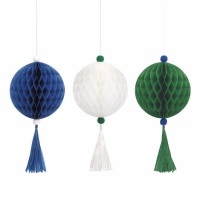 Suspension nid de boule bleu, blanc et vert de 40,6 cm - 3 unités