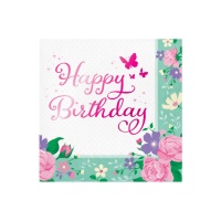 Serviettes à fleurs et papillons avec « Joyeux Anniversaire » de 16,5 x 16,5 cm - 16 unités