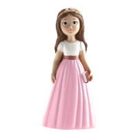 Figurine pour gâteau de ma Première Communion fille avec jupe rose de 16 cm