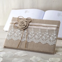 Livre d'or en jute avec fleur et dentelle de 25 x 16 cm