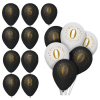 Ballons en latex numérotés noir et blanc avec doré de 23 cm - 6 unités