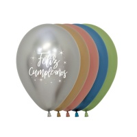 Ballons en latex biodégradable métallisés assortis Joyeux Anniversaire avec étoiles de 30 cm - Sempertex - 12 unités